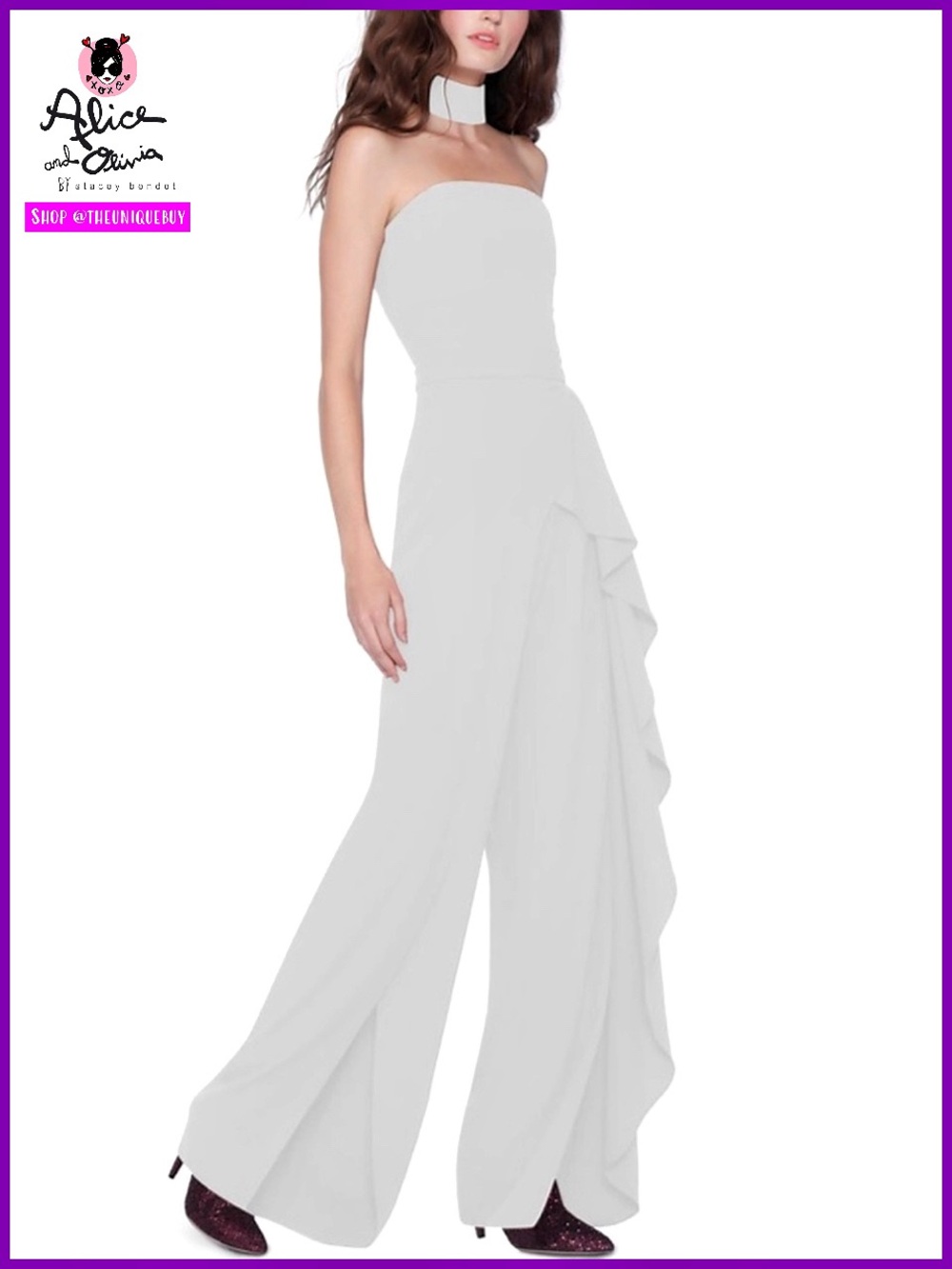 Alice + Olivia Latonya White Collared Ruffle Jumpsuit